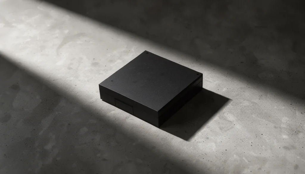 Photographie minimaliste d'une unité informatique noire sur une surface de béton, avec une ombre longue et nette.