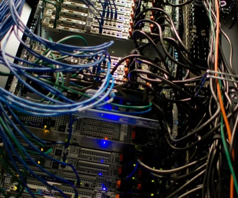 Vue rapprochée d'un rack de serveurs rempli de câbles et de matériel informatique.