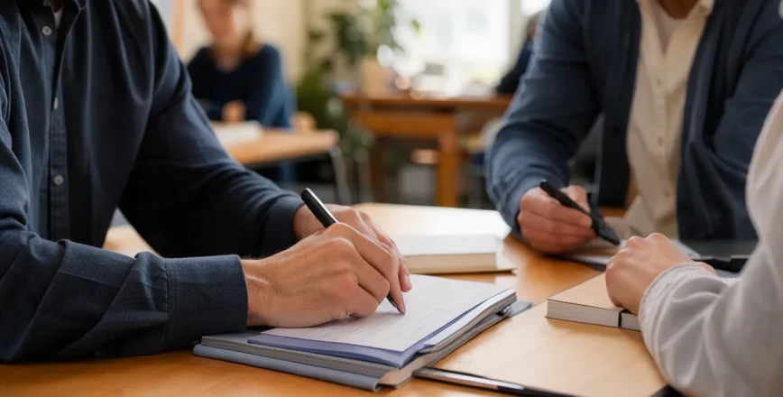 Des employés travaillent dans un bureau moderne, la lumière chaude mettant en évidence des postes de travail où des écrans sont visibles mais non lisibles.
