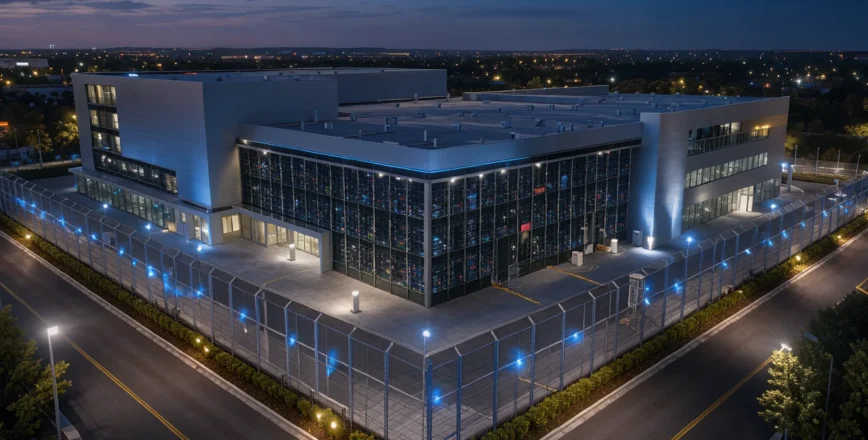 Vue aérienne d'un périmètre de centre de données d'entreprise moderne au crépuscule.