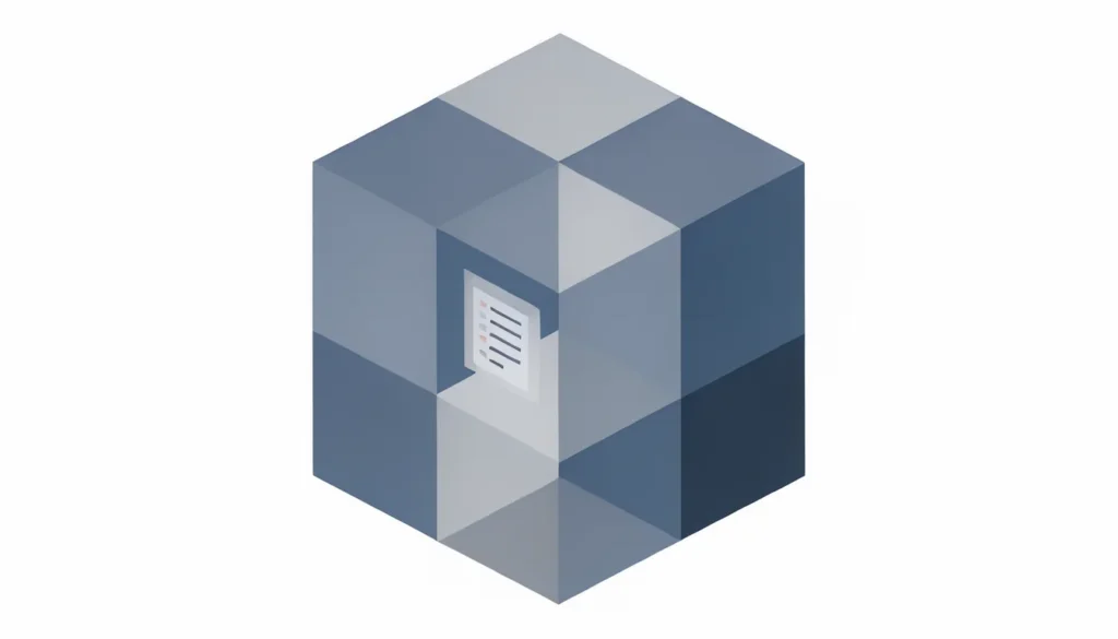 Illustration vectorielle abstraite d'une boîte logicielle en cubes, avec un symbole de liste sur un coin.