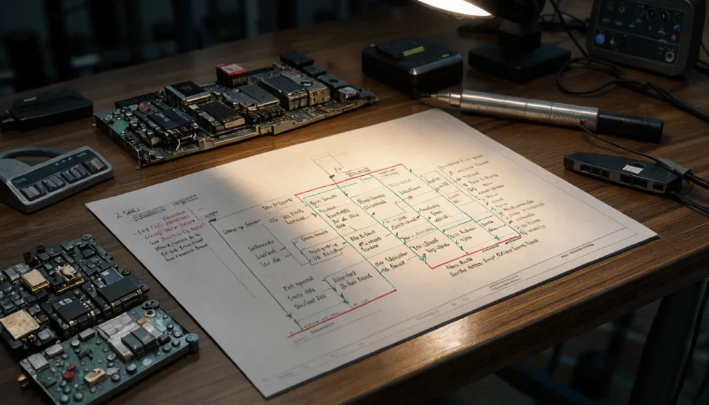Table de travail d'un laboratoire de cybersécurité avec des cartes réseau et des schémas techniques sous un éclairage ciblé.