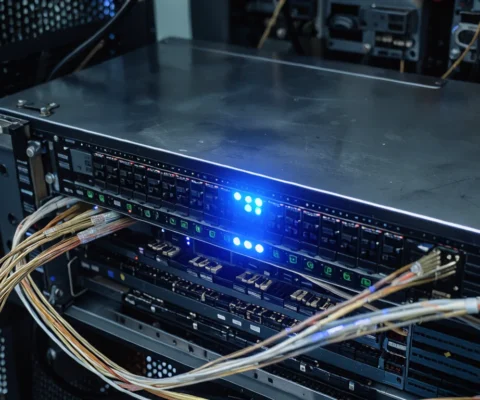 Vue en plongée rapprochée d'un rack de serveurs en salle de données, les lumières indiquant l'activité réseau.
