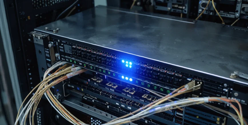Vue en plongée rapprochée d'un rack de serveurs en salle de données, les lumières indiquant l'activité réseau.