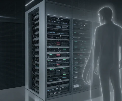 Vue aérienne d'un rack de serveurs moderne sous une lumière contrastée, avec une silhouette humaine stylisée en surimpression.