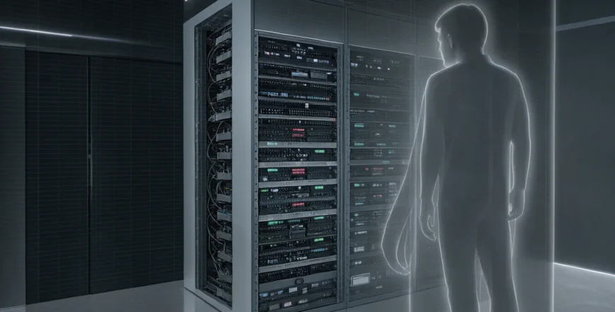 Vue aérienne d'un rack de serveurs moderne sous une lumière contrastée, avec une silhouette humaine stylisée en surimpression.