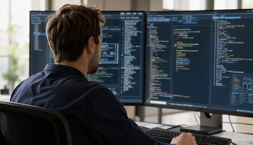 Personne de dos devant une station de travail multi-écrans affichant du code complexe.