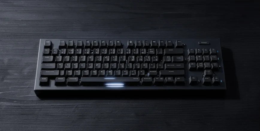 Clavier mécanique haut de gamme sur une table en bois sombre avec une ombre prononcée.