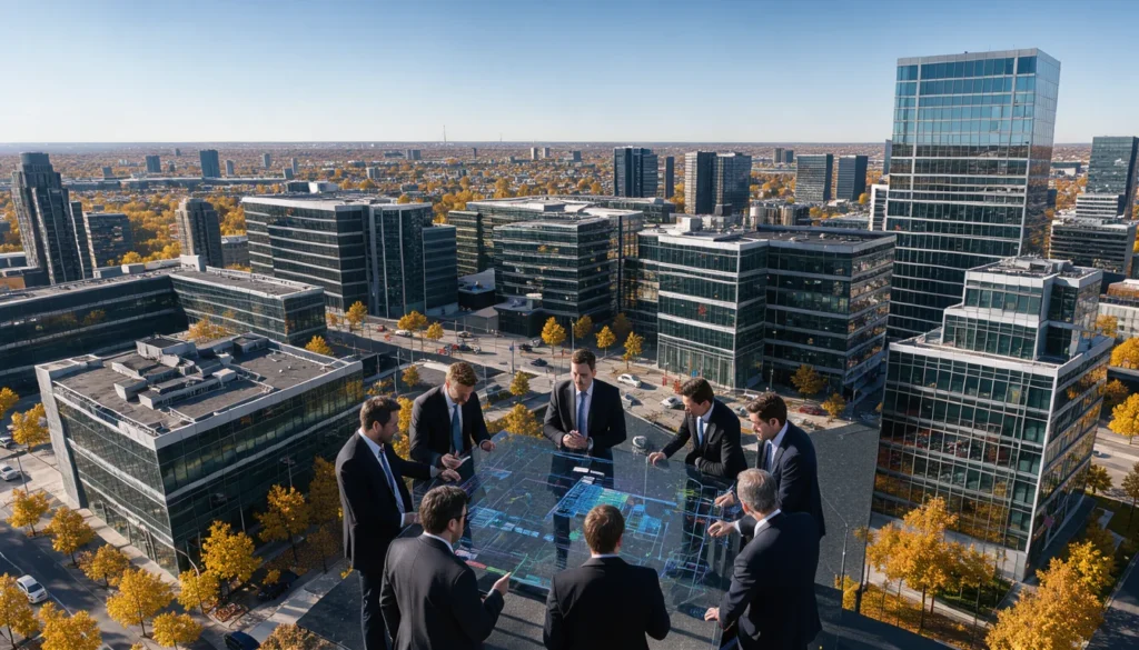 Vue aérienne d'un complexe de bureaux moderne à Toronto avec des chercheurs observant une projection de données complexes.