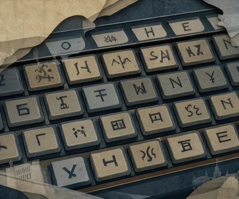 Illustration en collage de papier découpé montrant un clavier d'ordinateur ancien avec des symboles discrets, évoquant une surveillance secrète.