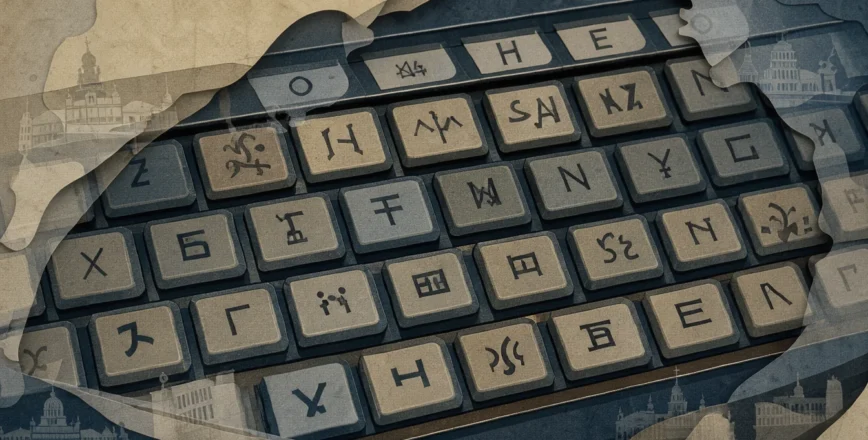 Illustration en collage de papier découpé montrant un clavier d'ordinateur ancien avec des symboles discrets, évoquant une surveillance secrète.