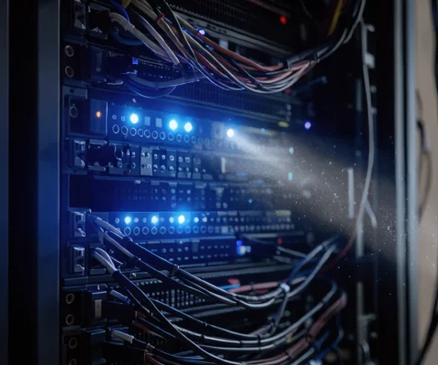 Vue rapprochée d'un rack de serveurs baigné de lumière bleue, symbolisant une infrastructure informatique sous surveillance.