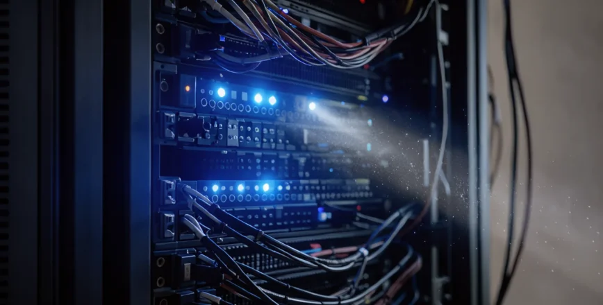Vue rapprochée d'un rack de serveurs baigné de lumière bleue, symbolisant une infrastructure informatique sous surveillance.