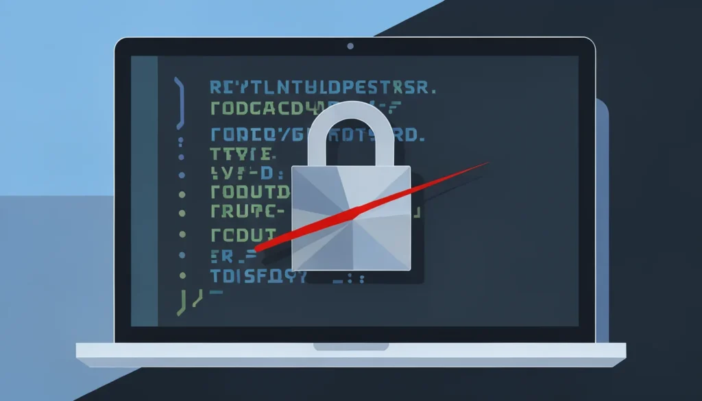 Illustration vectorielle stylisée montrant un écran de code percé par une ligne rouge représentant une intrusion.
