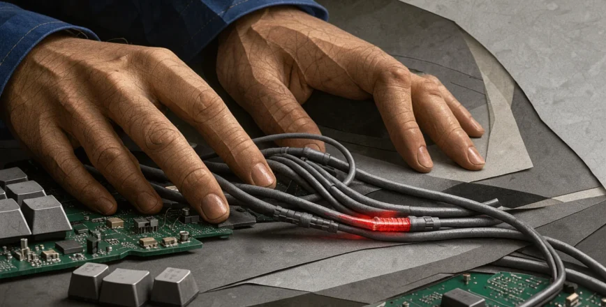 Gros plan sur des mains près d'un clavier mécanique, avec un câble semblant modifié et émettant une faible lumière rouge.