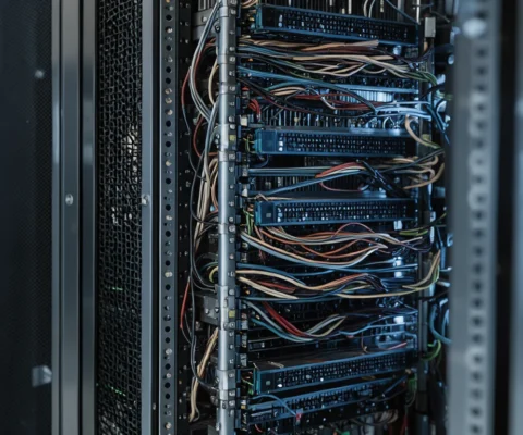 Vue rapprochée d'un rack de serveurs dans un centre de données faiblement éclairé, avec des câbles complexes.