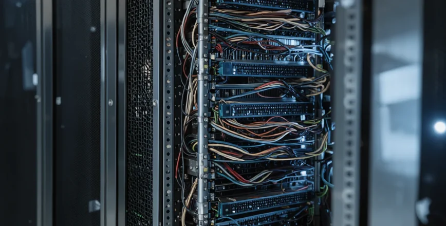 Vue rapprochée d'un rack de serveurs dans un centre de données faiblement éclairé, avec des câbles complexes.