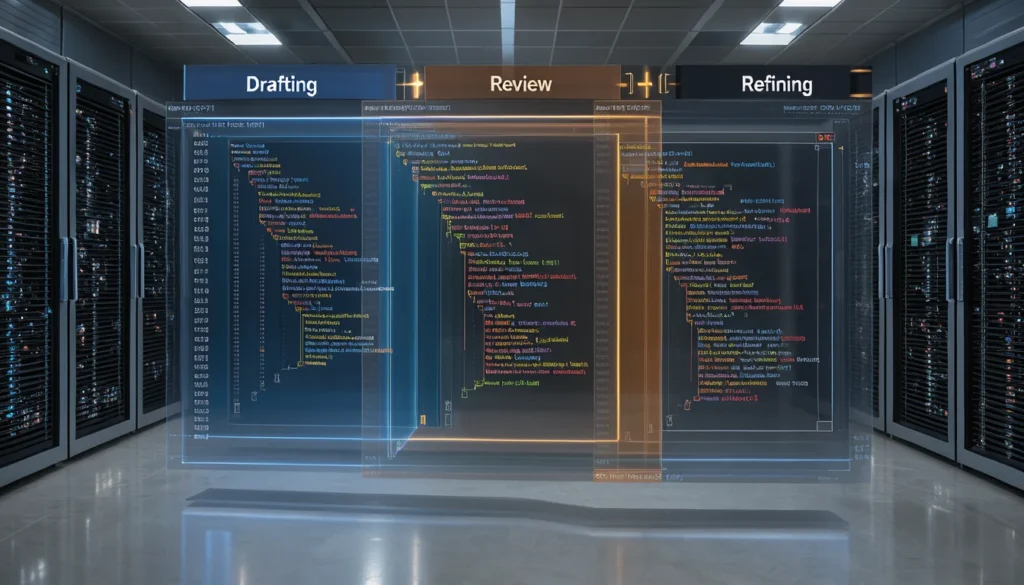 Représentation numérique d'une tâche de codage complexe traitée en séquence par trois couches computationnelles distinctes.