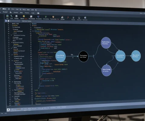 Un plan rapproché sur un poste de travail de développeur moderne, montrant un diagramme abstrait d'orchestration superposé à un éditeur de code.
