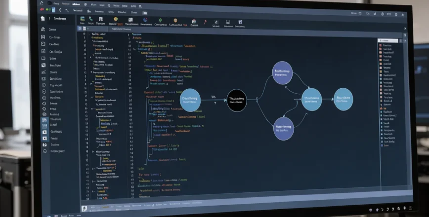 Un plan rapproché sur un poste de travail de développeur moderne, montrant un diagramme abstrait d'orchestration superposé à un éditeur de code.
