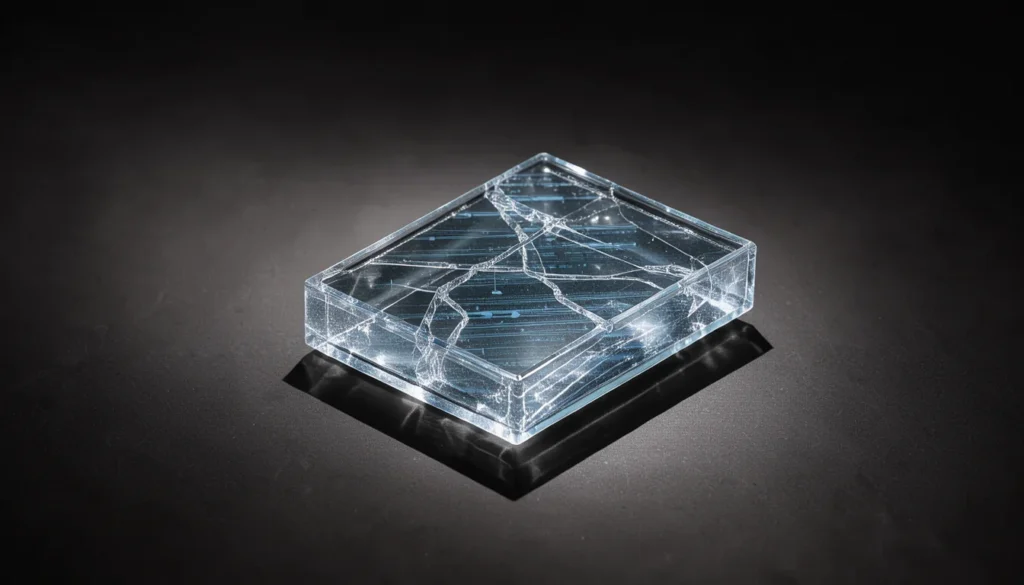 Objet en verre transparent et fracturé, symbolisant un champ de données masqué, éclairé par un faisceau unique sur fond noir.