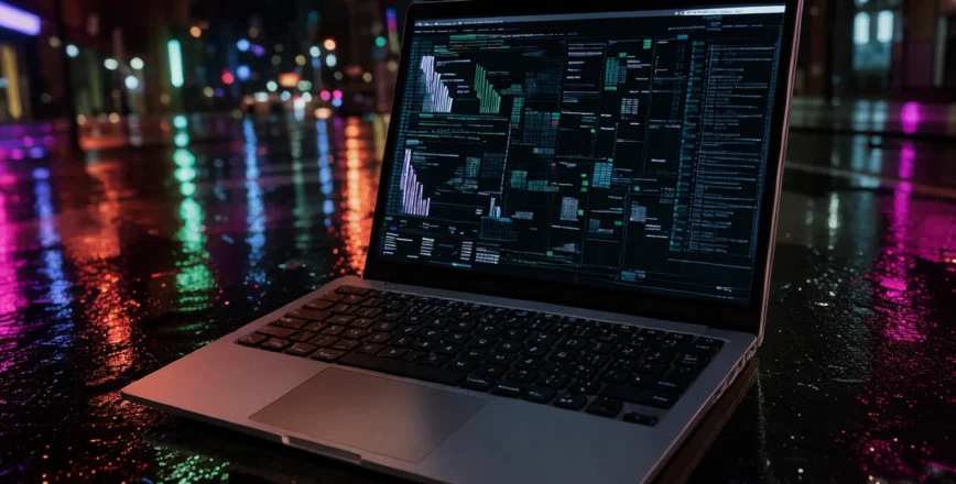 Gros plan d'un clavier d'ordinateur portable éclairé par des néons, reflétant des structures de données abstraites.