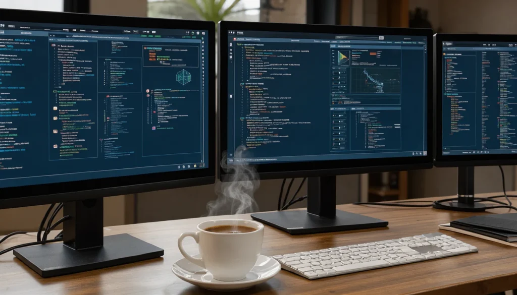 Un poste de travail avec plusieurs écrans affichant du code abstrait, avec une tasse de café à proximité.