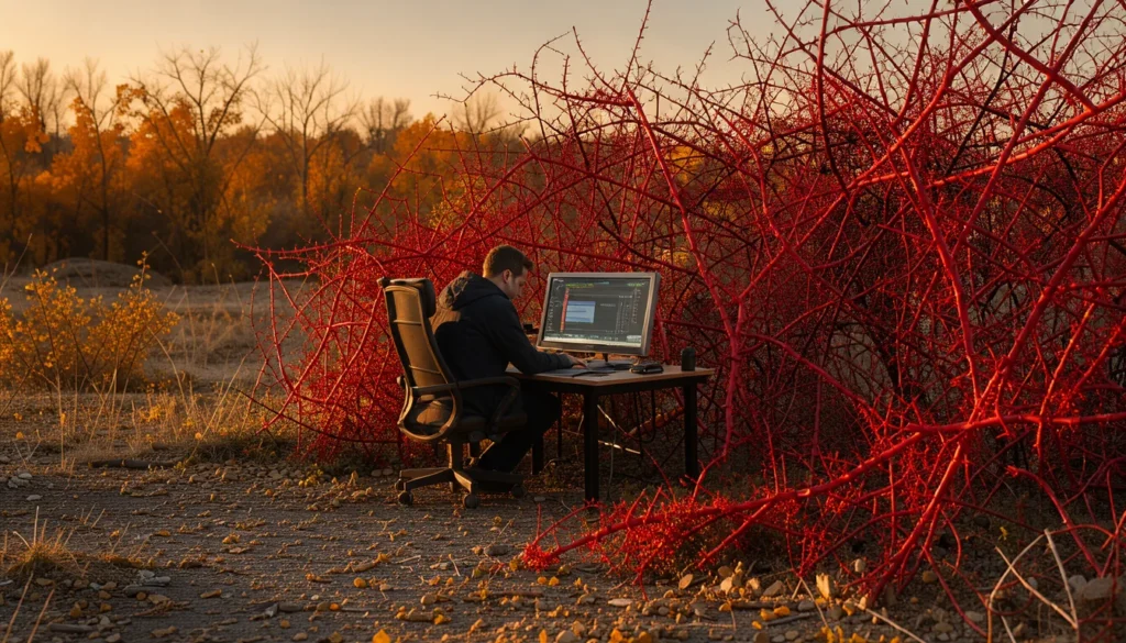 Figure solitaire assise à un bureau devant un écran lumineux, entourée d'un fourré rouge vif et épineux dans un paysage automnal désolé.