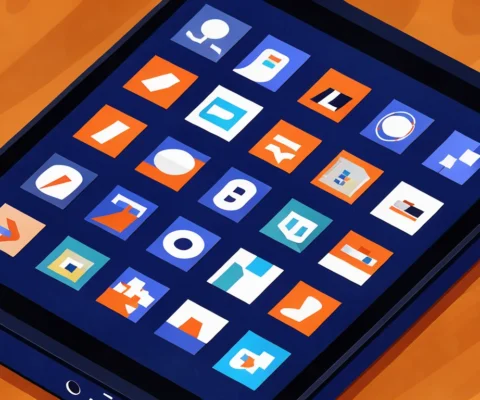 Vue rapprochée d'un écran d'appareil électronique sombre affichant une grille d'icônes d'application abstraites colorées sur fond bleu profond.