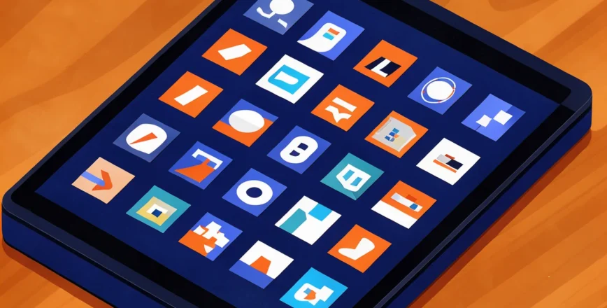 Vue rapprochée d'un écran d'appareil électronique sombre affichant une grille d'icônes d'application abstraites colorées sur fond bleu profond.