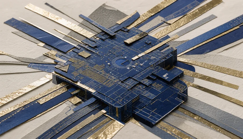 Collage en papier découpé montrant des flux de données complexes se transformant en un nœud numérique structuré.