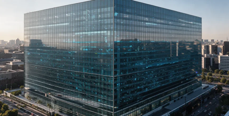 Vue aérienne d'un immeuble de bureaux moderne en verre, symbolisant l'échelle technologique de l'entreprise.