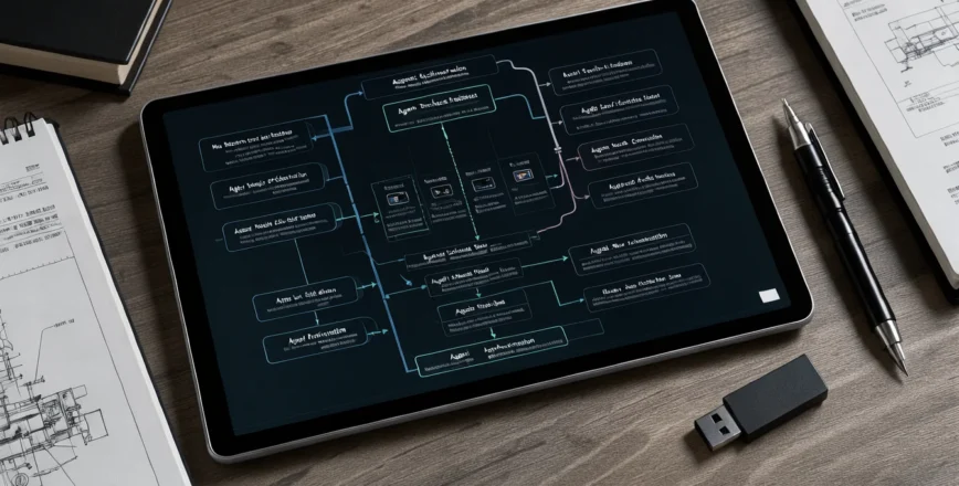 Vue de dessus d'une tablette affichant un diagramme d'orchestration complexe d'agents IA, posée sur un bureau en bois sombre, entourée d'outils de bureau sophistiqués.