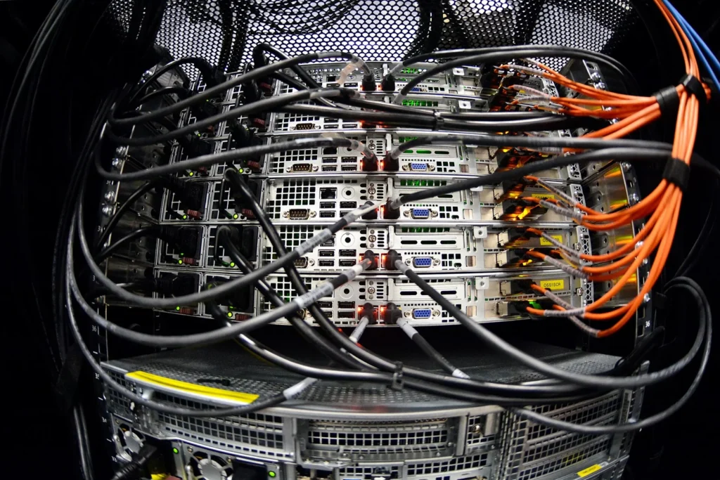 Vue rapprochée d'un rack de serveurs rempli de cartes graphiques et de câbles, illustrant l'infrastructure de calcul IA.