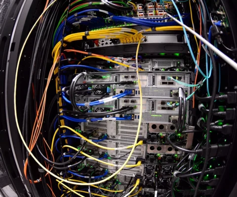 Vue rapprochée d'un ensemble complexe de câbles et de cartes électroniques à l'intérieur d'un boîtier de serveur ou d'un système de traitement de données.