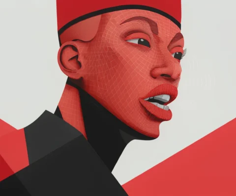 Illustration vectorielle stylisée d'un modèle 3D dont la bouche est animée, illustrant la synchronisation labiale.