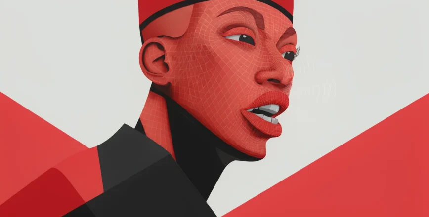 Illustration vectorielle stylisée d'un modèle 3D dont la bouche est animée, illustrant la synchronisation labiale.
