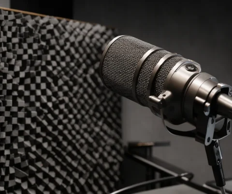Gros plan sur un microphone professionnel dans un studio d'enregistrement acoustique moderne.