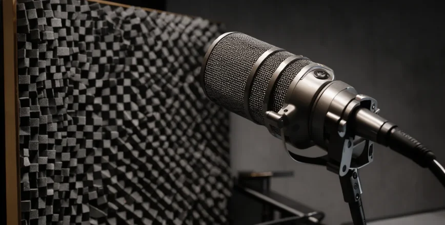 Gros plan sur un microphone professionnel dans un studio d'enregistrement acoustique moderne.