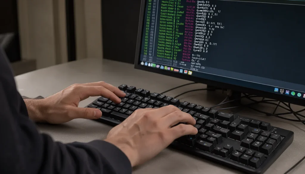 Gros plan des mains d'un développeur au-dessus d'un clavier mécanique, à côté d'un écran affichant des logs système.