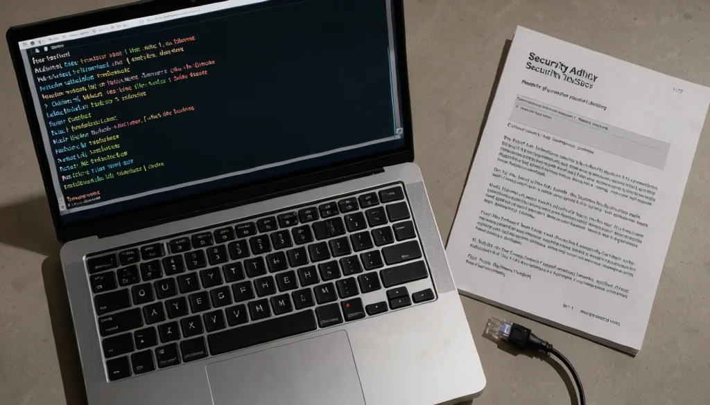 Vue de dessus d'un bureau montrant un ordinateur portable affichant une séquence de commande dans un terminal, à côté d'un document d'avis de sécurité physique.