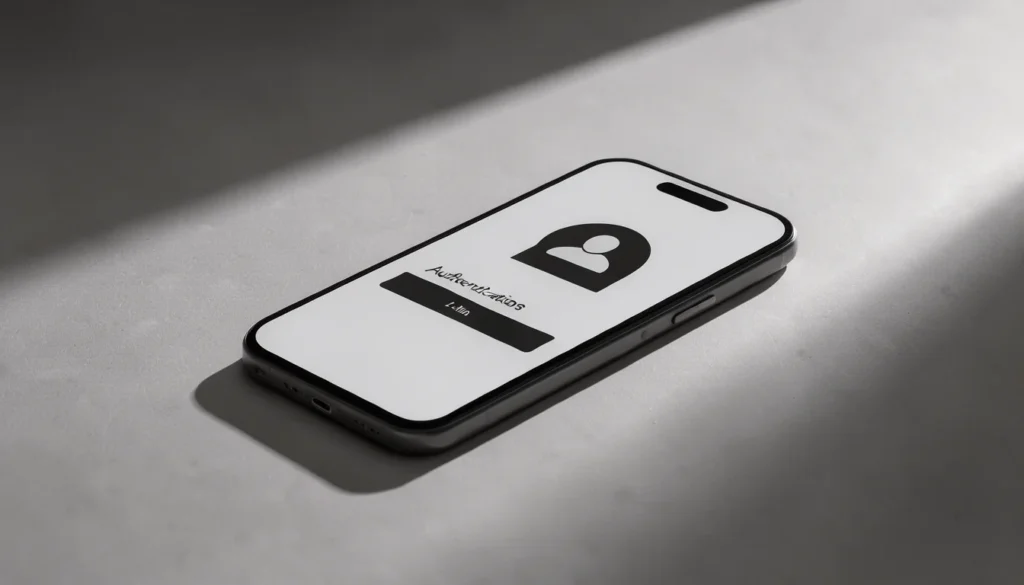 Photographie minimaliste d'un smartphone affichant une demande de connexion sous un éclairage dramatique.