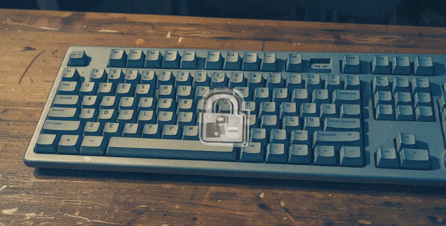 Illustration au style sérigraphie d'un clavier mécanique ancien avec un symbole de verrouillage subtil.