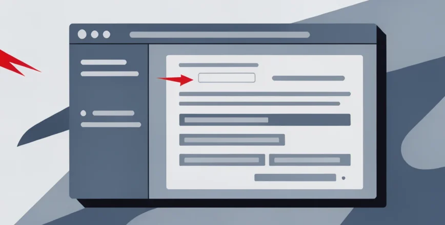 Représentation vectorielle stylisée d'une interface de gestion web avec une flèche rouge pointant vers un champ d'entrée.