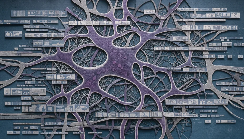 Illustration en collage de papier découpé montrant une vue en coupe stylisée d'un réseau neuronal microscopique, superposé de flux de données et de cadres vidéo.