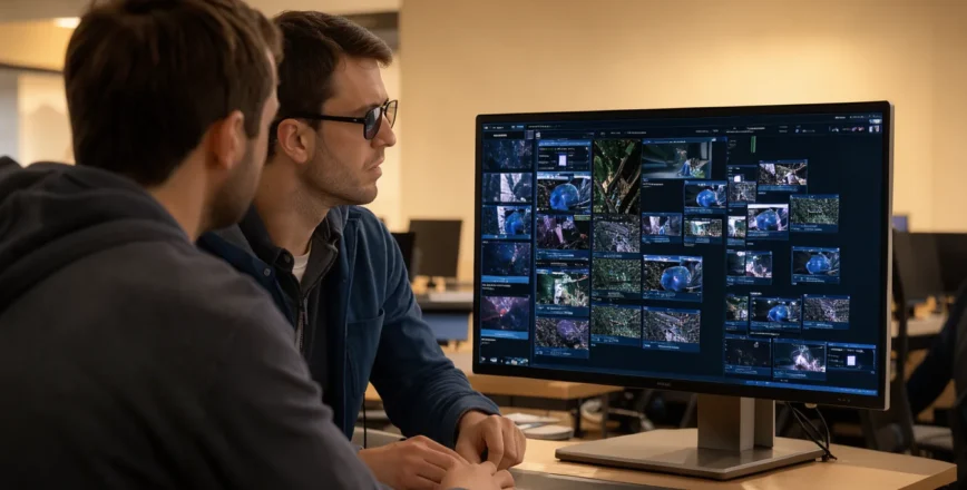 Deux développeurs travaillent ensemble, leurs visages cachés, autour d'un écran affichant des cadres vidéo complexes dans un bureau éclairé par une lumière chaude.