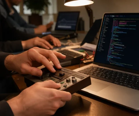 Mains travaillant sur une manette de NES à côté d'un ordinateur portable affichant du code.