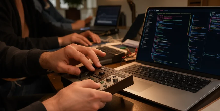 Mains travaillant sur une manette de NES à côté d'un ordinateur portable affichant du code.