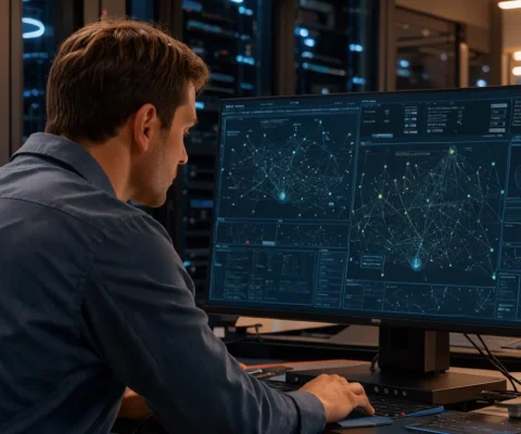 Photo candid de techniciens travaillant dans une salle serveur, concentrés sur un moniteur affichant des schémas réseau complexes.