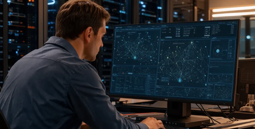 Photo candid de techniciens travaillant dans une salle serveur, concentrés sur un moniteur affichant des schémas réseau complexes.